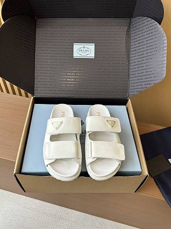 Fortok Prada Women's Square Toe Leather Slides White