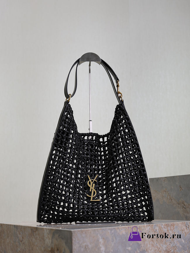 Fortok Saint Laurent Oxalis Raffia Shoulder Bag - Black 37×40×3cm - 1