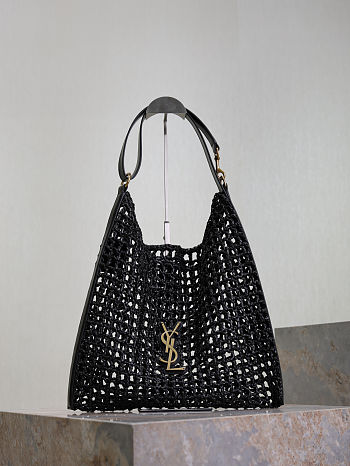 Fortok Saint Laurent Oxalis Raffia Shoulder Bag - Black 37×40×3cm