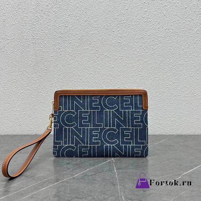 Fortok Celine SMALL POUCH WITH STRAP IN TEXTILE AND CALFSKIN Blue 24x17x2cm  - 1