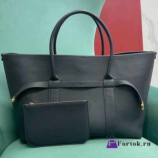 Fortok Loro Piana Ghiera Leather Shopper Tote Bag Black 40x26x18cm - 1