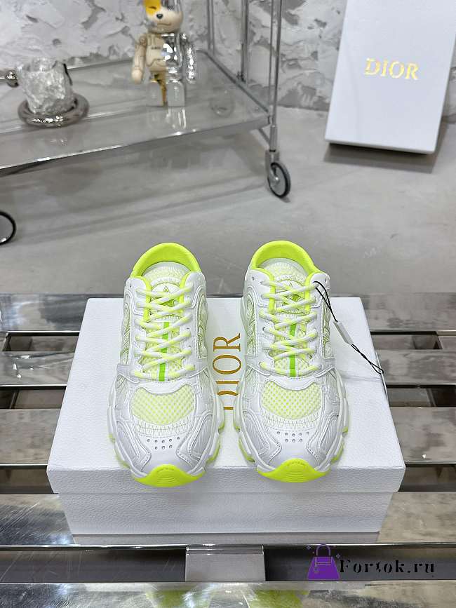 Fortok Dior Chrono Sneaker Neon Green Mesh with White Laminated Leather-Effect Panels - 1