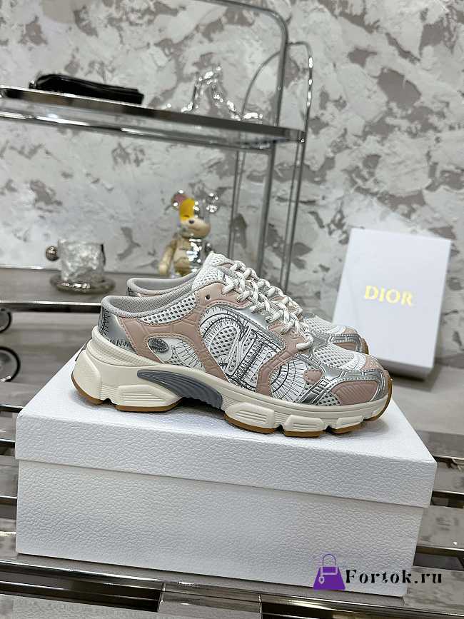 Fortok Dior Chrono Sneaker Brown Mesh with Silver-tone Laminated Leather-Effect Panels - 1