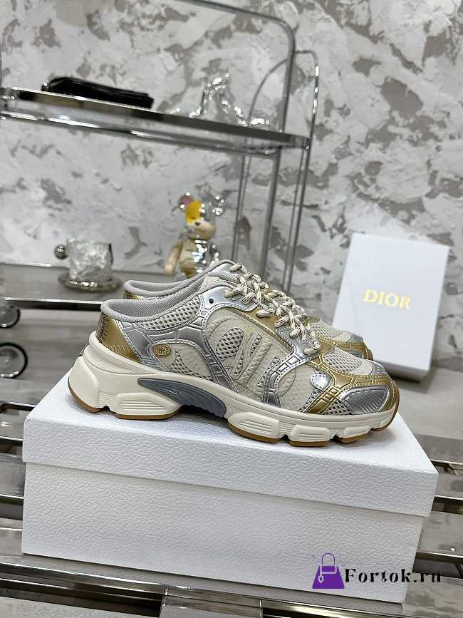 Fortok Dior Chrono Sneaker Gold-tone Mesh with Silver-tone Laminated Leather-Effect Panels - 1