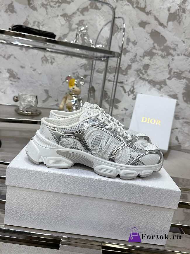 Fortok Dior Chrono Sneaker White Mesh with Silver-tone Laminated Leather-Effect Panels - 1