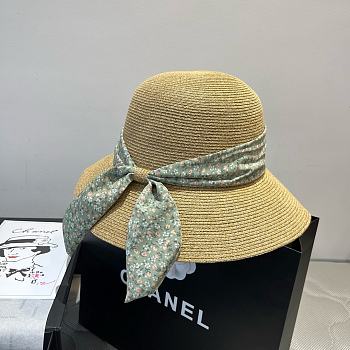 Fortok Dior Beach Bucket Hat Raffia Green Ribbon