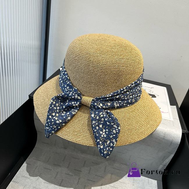 Fortok Dior Beach Bucket Hat Raffia Blue Ribbon - 1