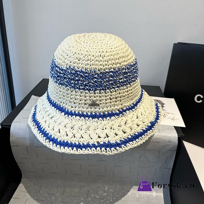 Fortok Celine Bucket Hat Raffia White Blue  - 1