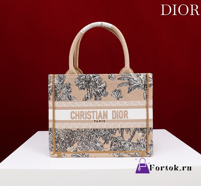 Fortok Dioriviera Small Dior Book Tote Beige and White Toile de Jouy Palms Embroidery 26*22*8cm - 1