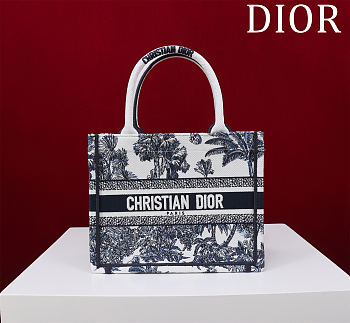 Fortok Dior Dioriviera Small Dior Book Tote White and Navy Blue Toile de Jouy Palms Embroidery 26*22*8cm