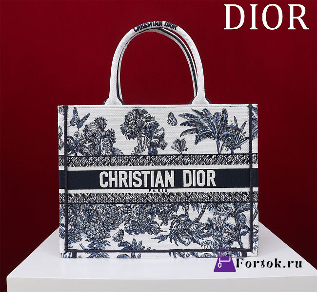 Fortok Dior Dioriviera Medium Dior Book Tote White and Navy Blue Toile de Jouy Palms Embroidery 36*28*16cm - 1