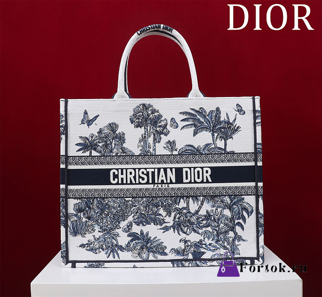 Fortok Dior Dioriviera Big Dior Book Tote White and Navy Blue Toile de Jouy Palms Embroidery 41*35*18cm - 1