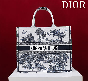 Fortok Dior Dioriviera Big Dior Book Tote White and Navy Blue Toile de Jouy Palms Embroidery 41*35*18cm