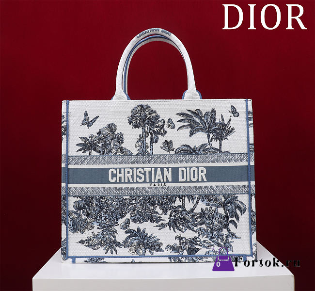 Fortok Dior Dioriviera Big Dior Book Tote White and Blue Toile de Jouy Palms Embroidery 41*35*18cm - 1