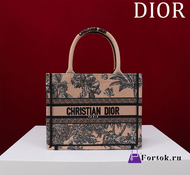 Fortok Dioriviera Small Dior Book Tote Beige Toile de Jouy Palms Embroidered Raffia 26*22*8cm - 1