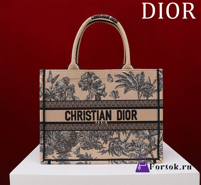Fortok Dioriviera Medium Dior Book Tote Beige Toile de Jouy Palms Embroidered Raffia 36*28*16cm - 1
