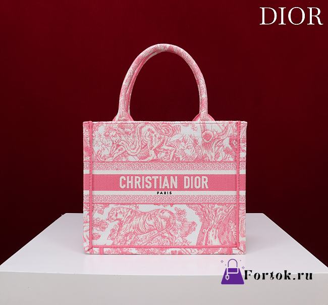 Fortok Dior Small Book Tote White and Yarrow Pink Toile de Jouy Sauvage Embroidery 26*22*8cm - 1