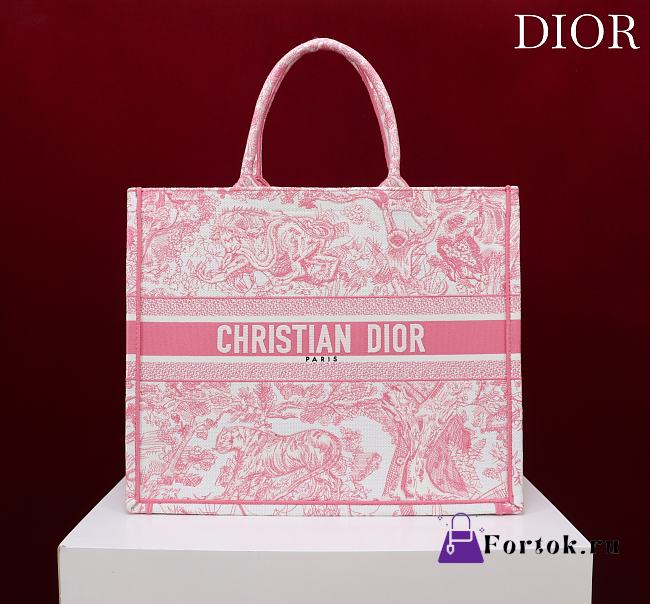 Fortok Dior Large Book Tote White and Yarrow Pink Toile de Jouy Sauvage Embroidery 41*35*18cm - 1