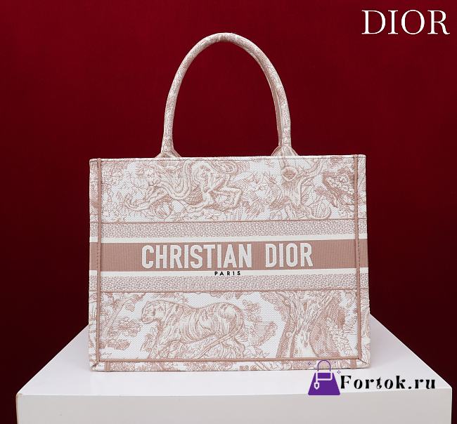 Fortok Dior Medium Book Tote White and Beige Toile de Jouy Sauvage Embroidery 36*28*16cm - 1