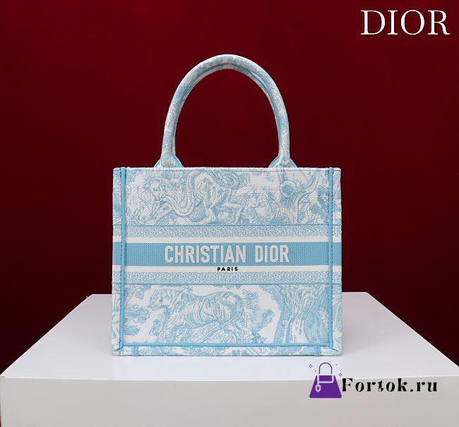 Fortok Dior Small Book Tote White and Celestial Blue Toile de Jouy Sauvage Embroidery 26*22*8cm - 1