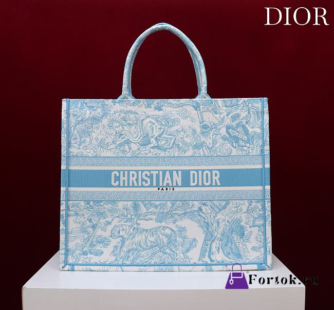 Fortok Dior Large Book Tote White and Celestial Blue Toile de Jouy Sauvage Embroidery 41*35*18cm - 1