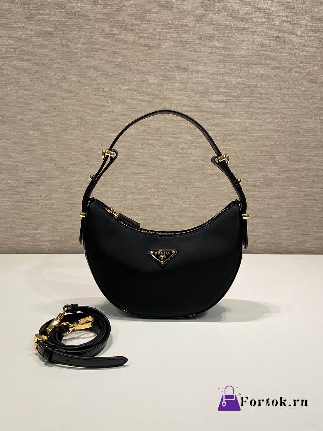 Fortok Prada Black Re-Nylon Brushed Leather Gilded Triangle Logo Arco Hobo 2WAY 22.5x18.5x6.5cm - 1