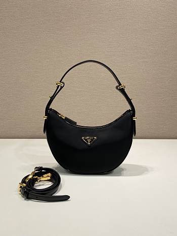 Fortok Prada Black Re-Nylon Brushed Leather Gilded Triangle Logo Arco Hobo 2WAY 22.5x18.5x6.5cm