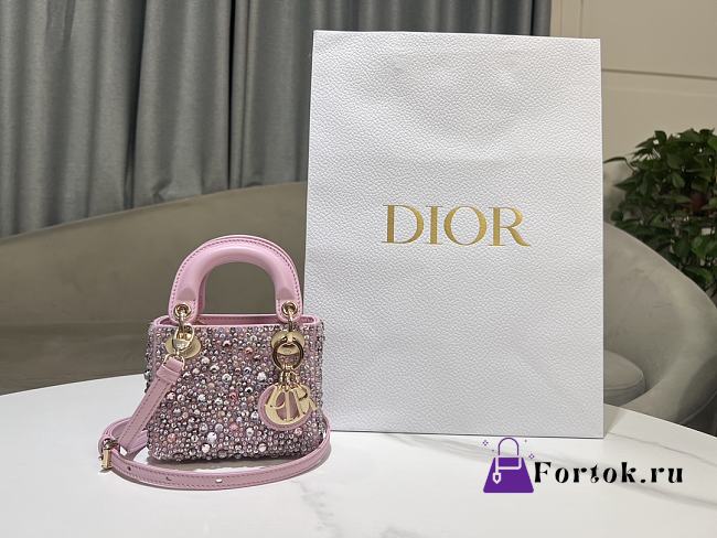 Fortok Dior Micro Lady Dior Crystal Embellished Bag in Baby Pink 12 x 10.2 x 5cm - 1