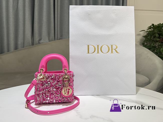 Fortok Dior Micro Lady Dior Crystal Embellished Bag in Fuchsia 12 x 10.2 x 5cm - 1