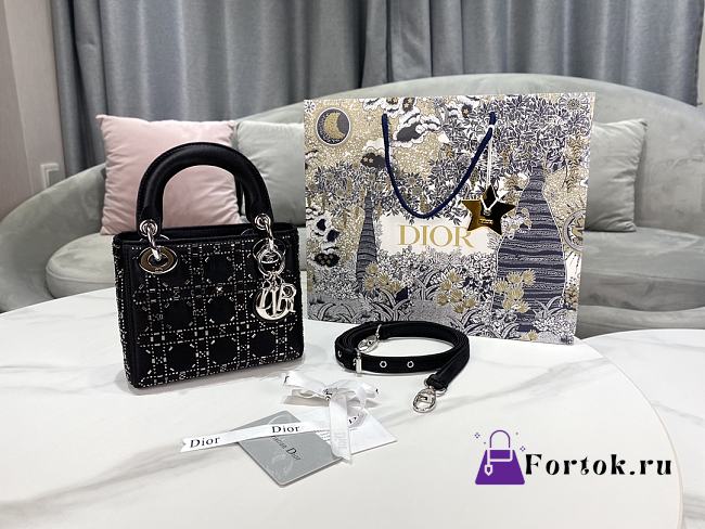 Fortok Dior Mini Lady Dior Bag Black Strass Cannage Satin 17x15x7cm - 1