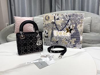 Fortok Dior Mini Lady Dior Bag Black Strass Cannage Satin 17x15x7cm