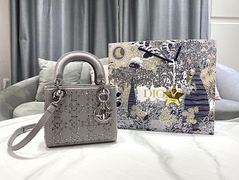 Fortok Dior Mini Lady Dior Bag Gray Strass Cannage Satin 17x15x7cm
