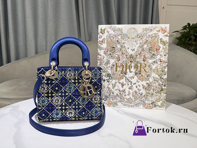 Fortok Mini Lady Dior Bag Metallic Lambskin and Celestial Blue Satin Embroidered with Beads 20-17-8cm - 1