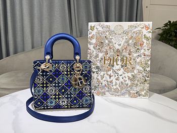 Fortok Mini Lady Dior Bag Metallic Lambskin and Celestial Blue Satin Embroidered with Beads 20-17-8cm