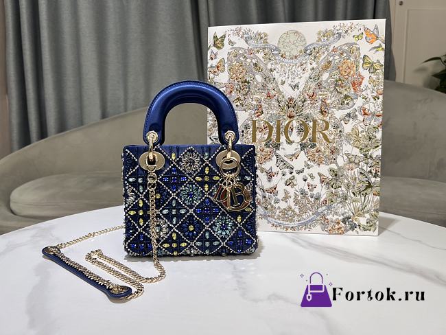 Fortok Mini Lady Dior Bag Metallic Lambskin and Celestial Blue Satin Embroidered with Beads 17-15-7cm - 1