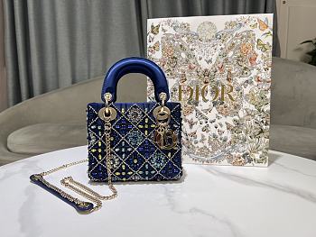 Fortok Mini Lady Dior Bag Metallic Lambskin and Celestial Blue Satin Embroidered with Beads 17-15-7cm