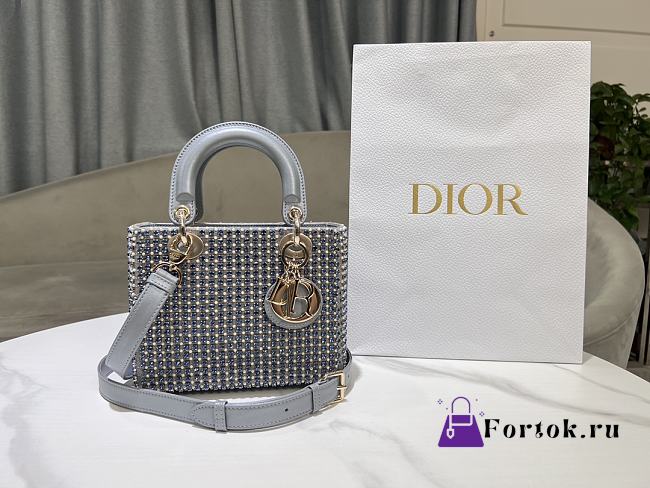 Fortok Dior Medium Lady Dior Bag Grey Calfskin with Fishnet Embroidery in Metal Beads 20 x 16.5 x 8 cm - 1