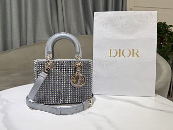Fortok Dior Medium Lady Dior Bag Grey Calfskin with Fishnet Embroidery in Metal Beads 20 x 16.5 x 8 cm