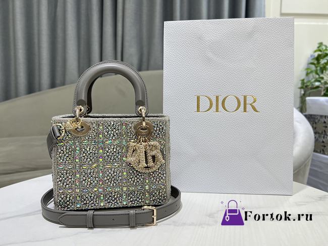 Fortok Dior Small Dior Bag Grey Smooth Calfskin And Satin With Bead Embroidery 20 x 16.5 x 8cm - 1