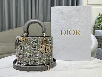 Fortok Dior Small Dior Bag Grey Smooth Calfskin And Satin With Bead Embroidery 20 x 16.5 x 8cm