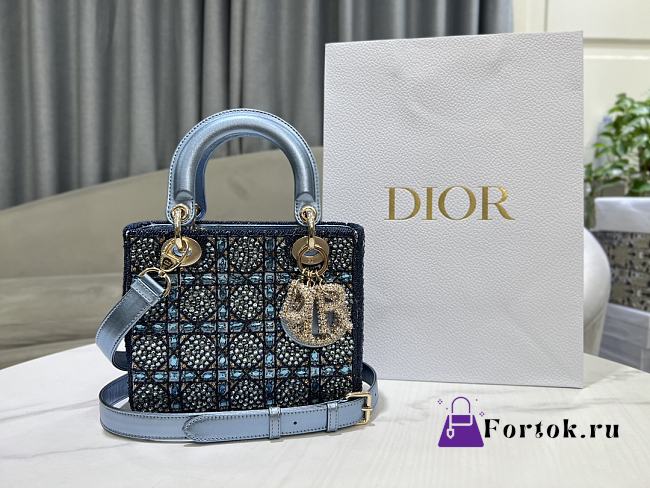 Fortok Dior Small Dior Bag Blue Smooth Calfskin And Satin With Bead Embroidery 20 x 16.5 x 8cm - 1