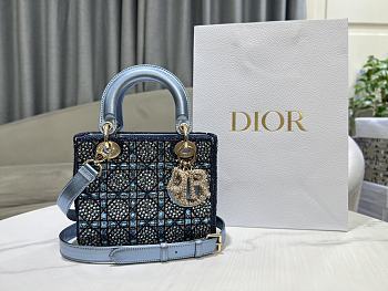 Fortok Dior Small Dior Bag Blue Smooth Calfskin And Satin With Bead Embroidery 20 x 16.5 x 8cm