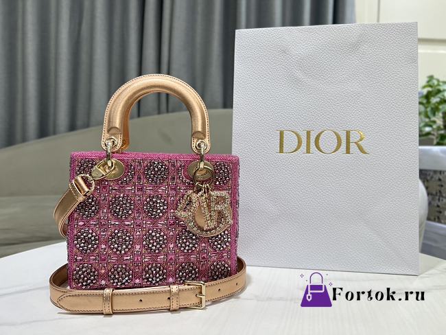Fortok Dior Small Dior Bag Pink Smooth Calfskin And Satin With Bead Embroidery 20 x 16.5 x 8cm - 1