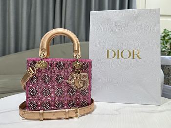 Fortok Dior Small Dior Bag Pink Smooth Calfskin And Satin With Bead Embroidery 20 x 16.5 x 8cm