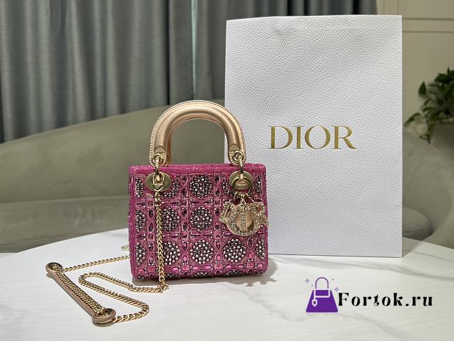 Fortok Dior Small Dior Bag Pink Smooth Calfskin And Satin With Bead Embroidery 17×15×7cm - 1