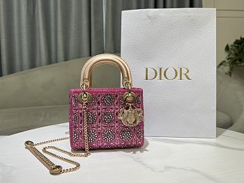 Fortok Dior Small Dior Bag Pink Smooth Calfskin And Satin With Bead Embroidery 17×15×7cm
