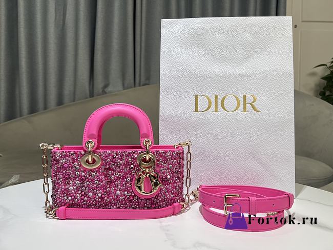 Fortok Dior Small D-Joy Bag Pink Smooth Calfskin And Satin With Bead Embroidery 22 x 12 x 6 cm - 1