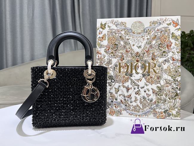 Fortok Dior Small Lady Bag Black Smooth Calfskin And Satin With Bead Embroidery 20 x 17 x 8 cm - 1