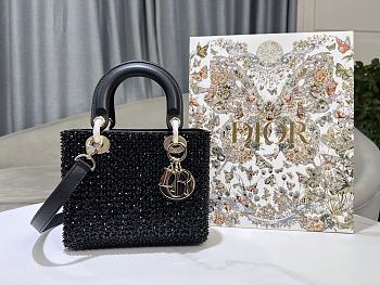 Fortok Dior Small Lady Bag Black Smooth Calfskin And Satin With Bead Embroidery 20 x 17 x 8 cm
