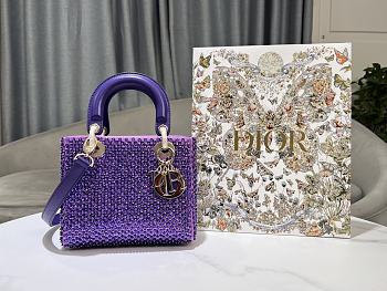 Fortok Dior Small Lady Bag Purple Smooth Calfskin And Satin With Bead Embroidery 20 x 17 x 8 cm